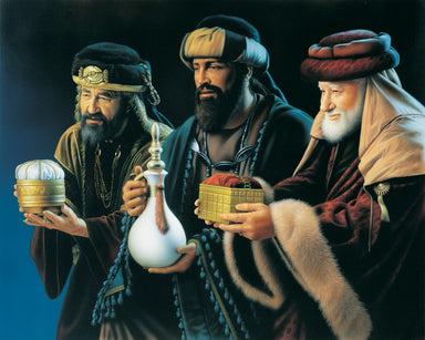 The three wise men from Luke's account presenting their gifts to the Savior.