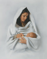 Mary and baby Jesus in white with a white background symbolizing purity.