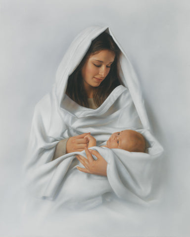 Mary and baby Jesus in white with a white background symbolizing purity.