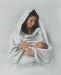 Mary and baby Jesus in white with a white background symbolizing purity.