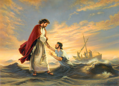 Christ walking on the water saving peter with the disciples in the boat.