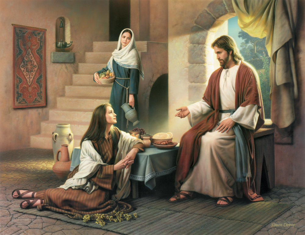 Jesus sitting in a home with Mary and Martha teaching them.