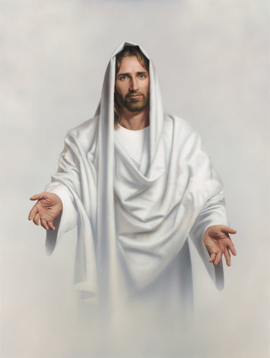 Jesus dressed in white robes with his arms outstretched to welcome us.