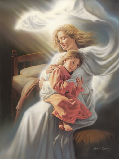 An angel sits on a bed comforting a little girl who is crying.