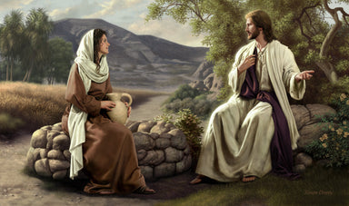 Christ sits by the well and teaches the Samaritan woman.