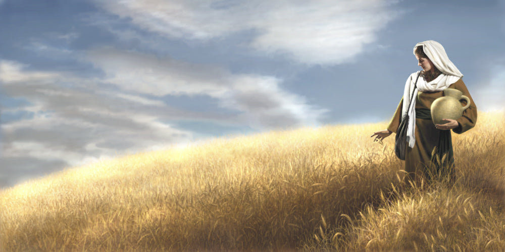 Woman holding a vessel brushes her hand over wheat in a wheat field.