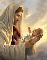 Christ looking at a newborn baby he is holding in his arms.