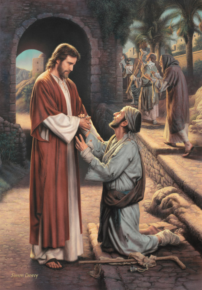 Leper kneels to thank Jesus for healing him while other lepers walk away.