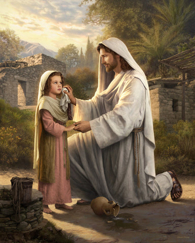 Jesus kneels to comfort a girl who has dropped and broken her vessel.