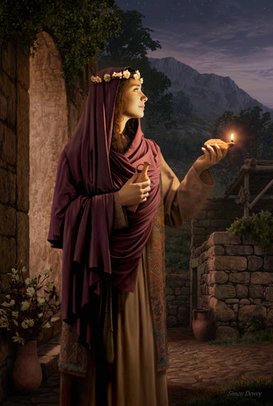 A young woman looks confidently into the night holding her lamp and oil.
