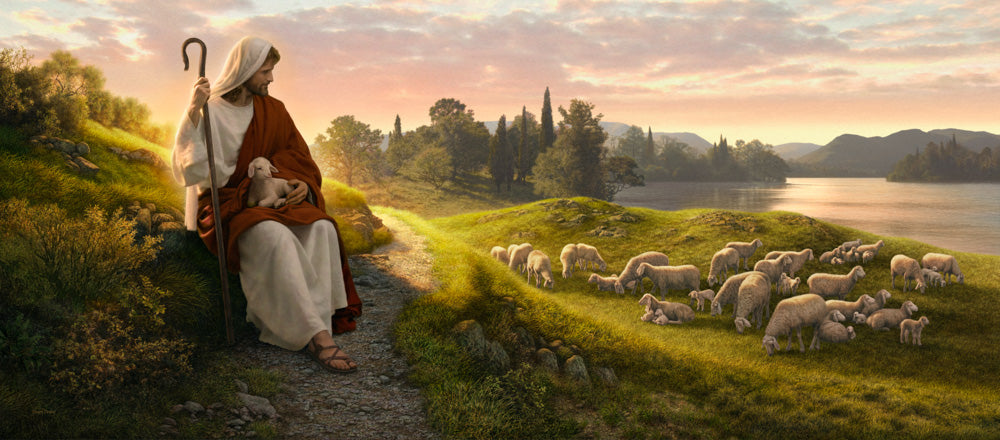 Christ sits beside a path looking out over his flock of sheep in the pasture.