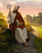 Jesus sitting by a path has a baby lamb in his lap and is holding a staff.