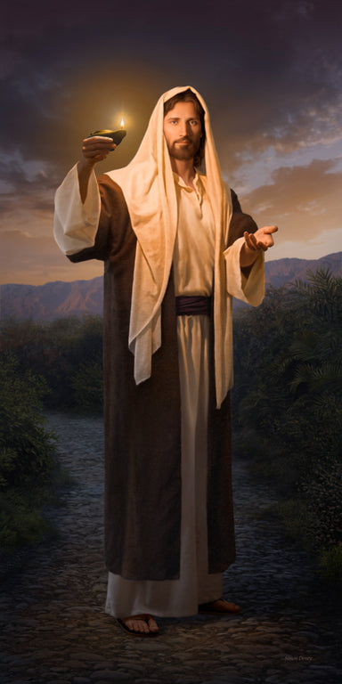 Christ standing on a path and holding up his lamp inviting us to follow him.