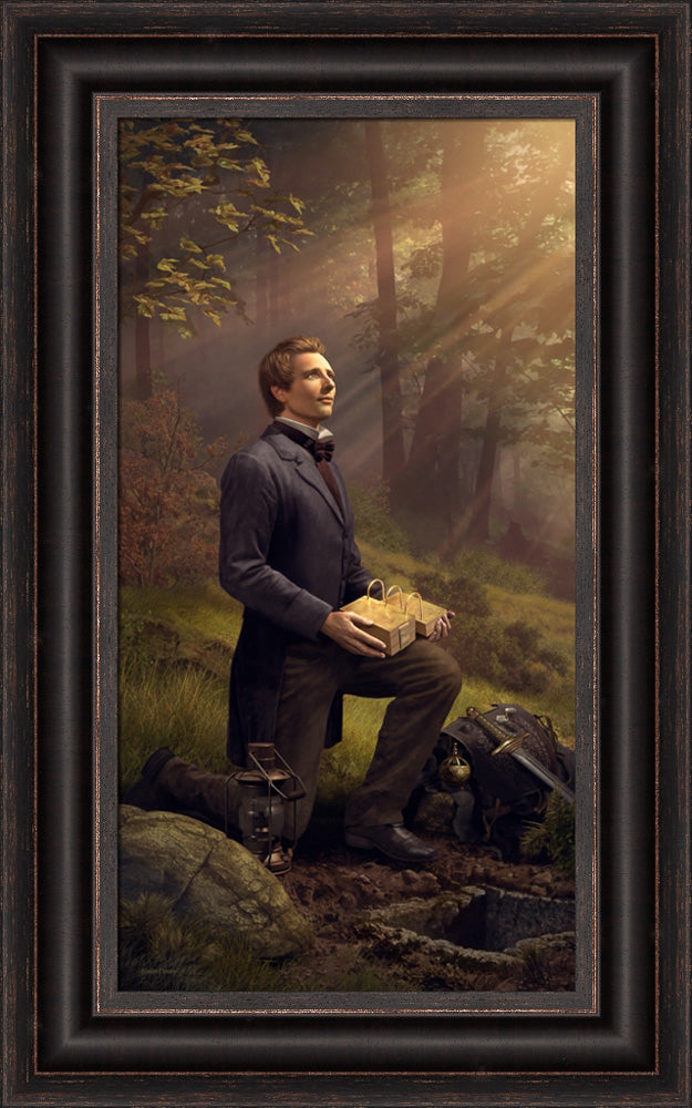 Joseph Smith handles the gold plates and artifacts at the hill Cumorah. Art 8