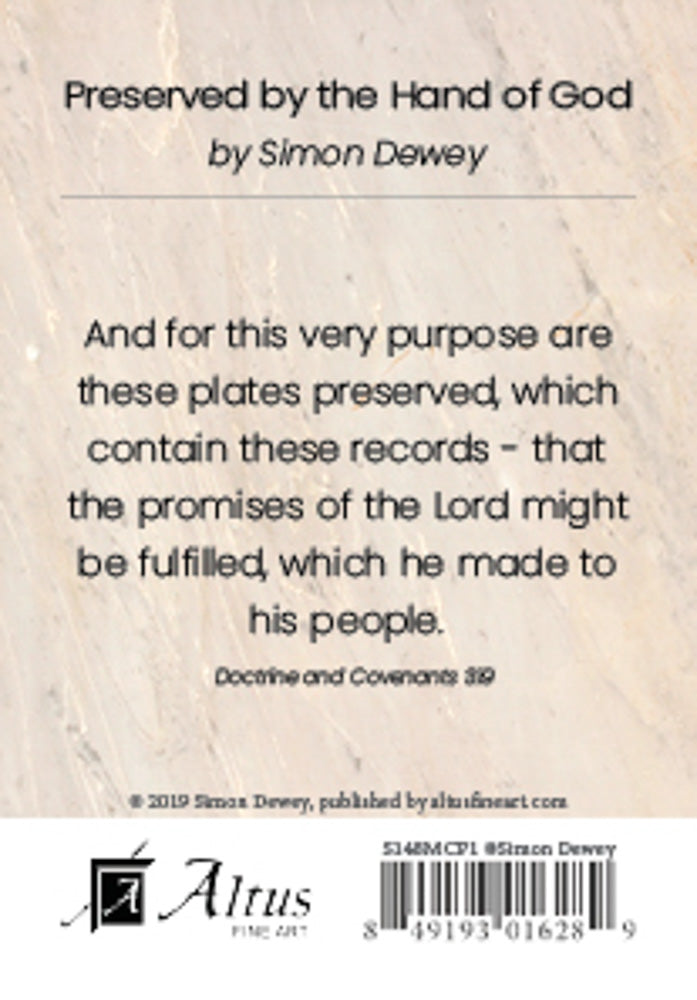 Quote from 'Preserved by the Hand of God' by Simon Dewey, referencing Doctrine and Covenants 3:19 about the preservation of records and promises to God's people.