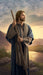 Christ standing beside a river holding his staff and looking forward.
