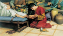 Woman sits at Jesus' feet and washes and anoints his feet with her tears.