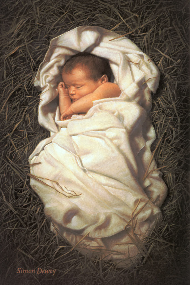 Baby Jesus wrapped in swaddling clothes lying in a manger.