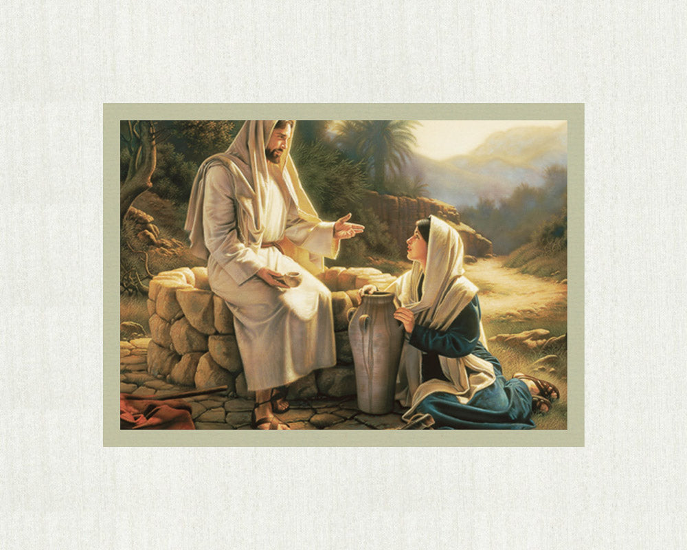 The Samaritan woman kneels beside the well as Jesus teaches her.