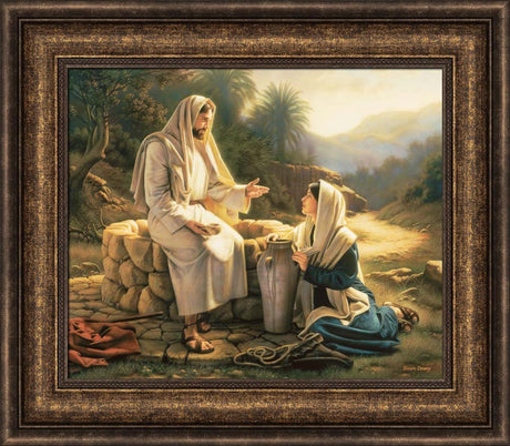 The Samaritan woman kneels beside the well as Jesus teaches her.