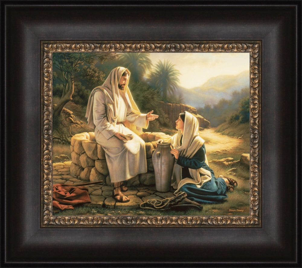 The Samaritan woman kneels beside the well as Jesus teaches her.