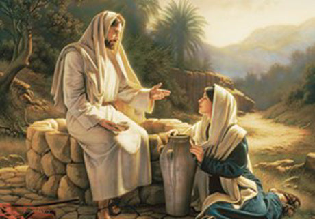 The Samaritan woman kneels beside the well as Jesus teaches her.