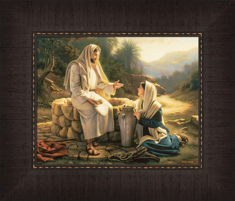 The Samaritan woman kneels beside the well as Jesus teaches her.