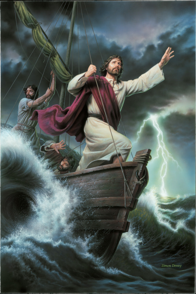Christ stands at the front of a boat and calms the sea and storm.