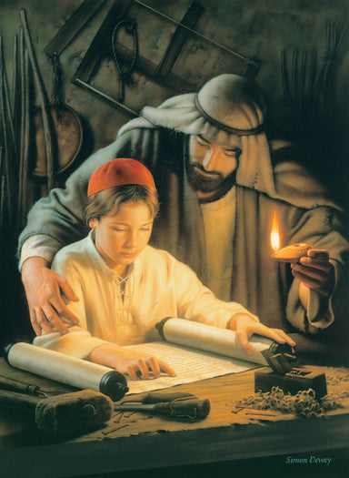 Joseph and the boy Jesus in the carpentry shop reading scripture.