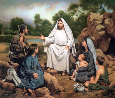 Christ is sitting with a family who is gathered to hear his teachings.