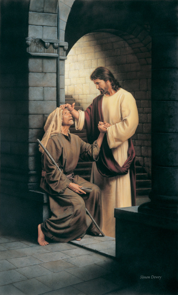Jesus stands in an archway and heals a blind man.