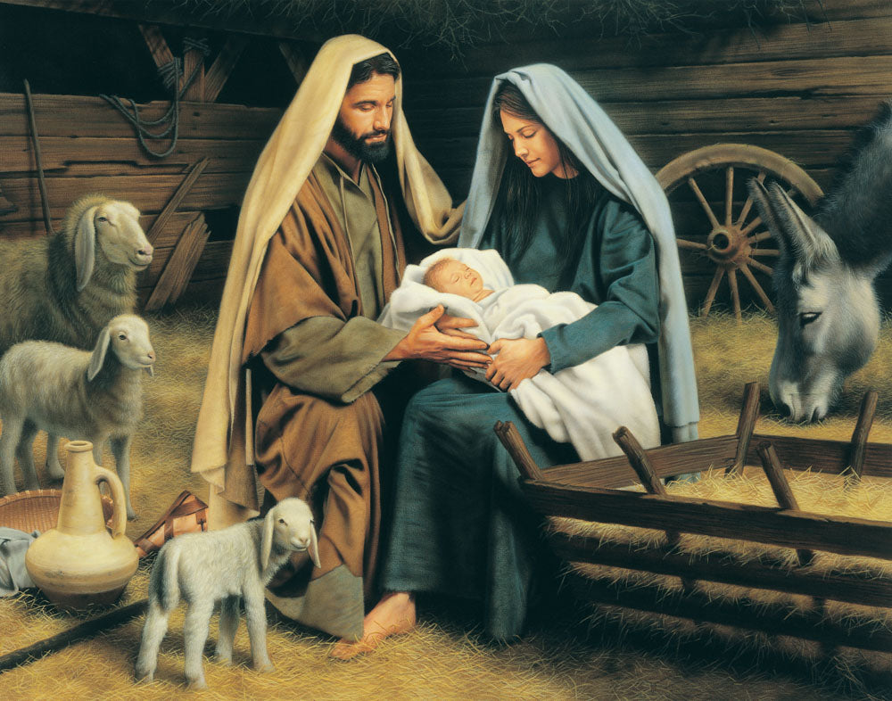 Mary and Joseph hold baby Jesus in the manger as the animals look on.