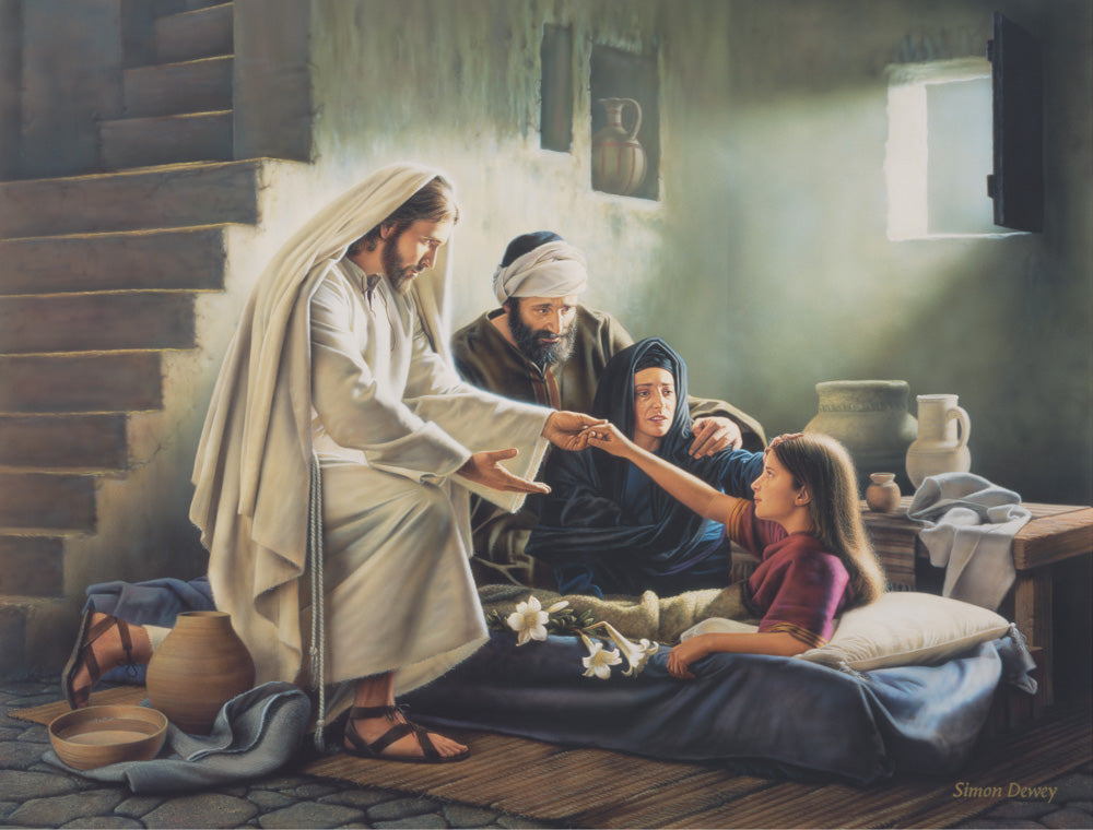Jesus kneels beside Jairus's daughter and raises her from death.