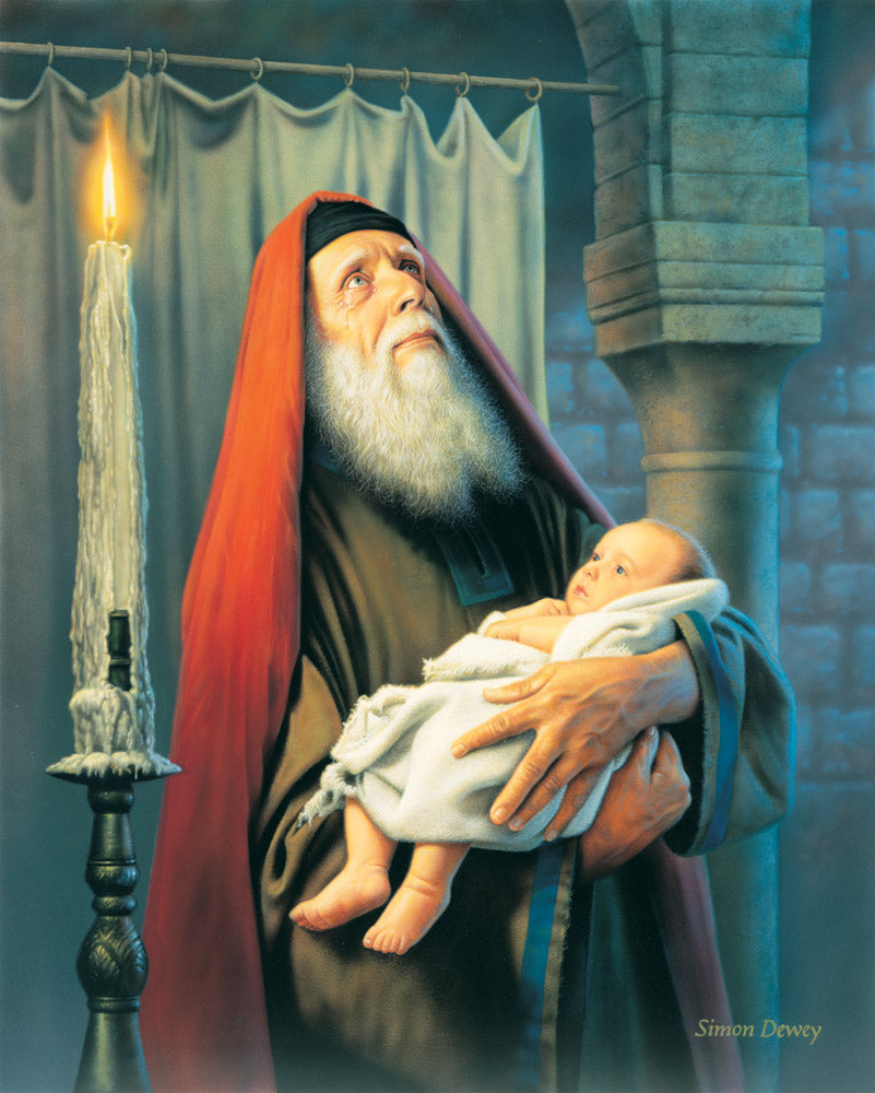 Simeon holds and blesses baby Jesus in the temple and looks heavenward.