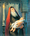 Simeon holds and blesses baby Jesus in the temple and looks heavenward.