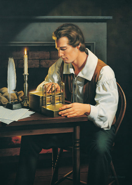 Joseph Smith is seated at a table examining the gold plates. Art 3