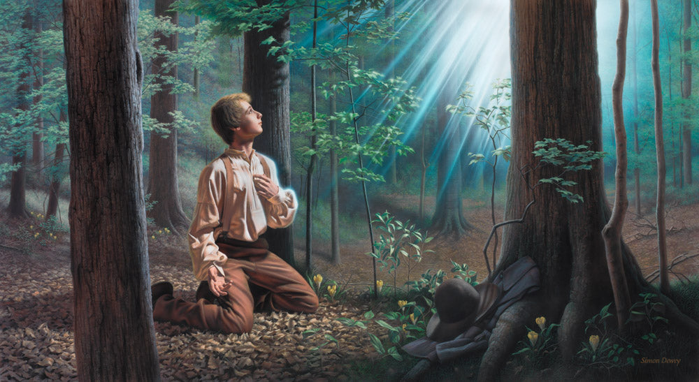 Joseph Smith kneeling in the sacred grove with a pillar of light decending.