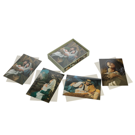 A set of four Simon Dewey boxed Christmas cards featuring beautifully illustrated nativity scenes.