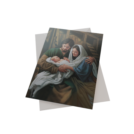 A beautifully illustrated Christmas card featuring the nativity scene, celebrating the birth of Jesus Christ by Simon Dewey.