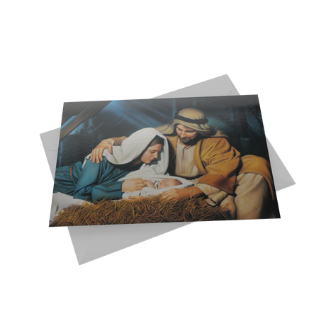 A festive Christmas card showcasing Jesus and Mary in the manger, designed by Simon Dewey, perfect for holiday greetings.