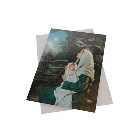 A Christmas card showcasing a touching illustration of a mother and child, designed by Simon Dewey for holiday greetings.
