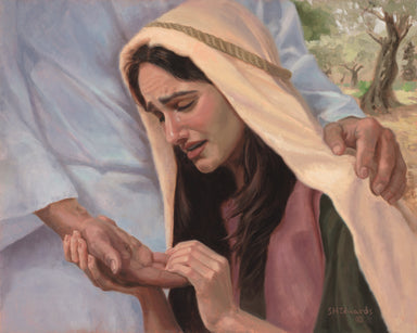 Resurrected Christ showing mary the scars in his palm. 