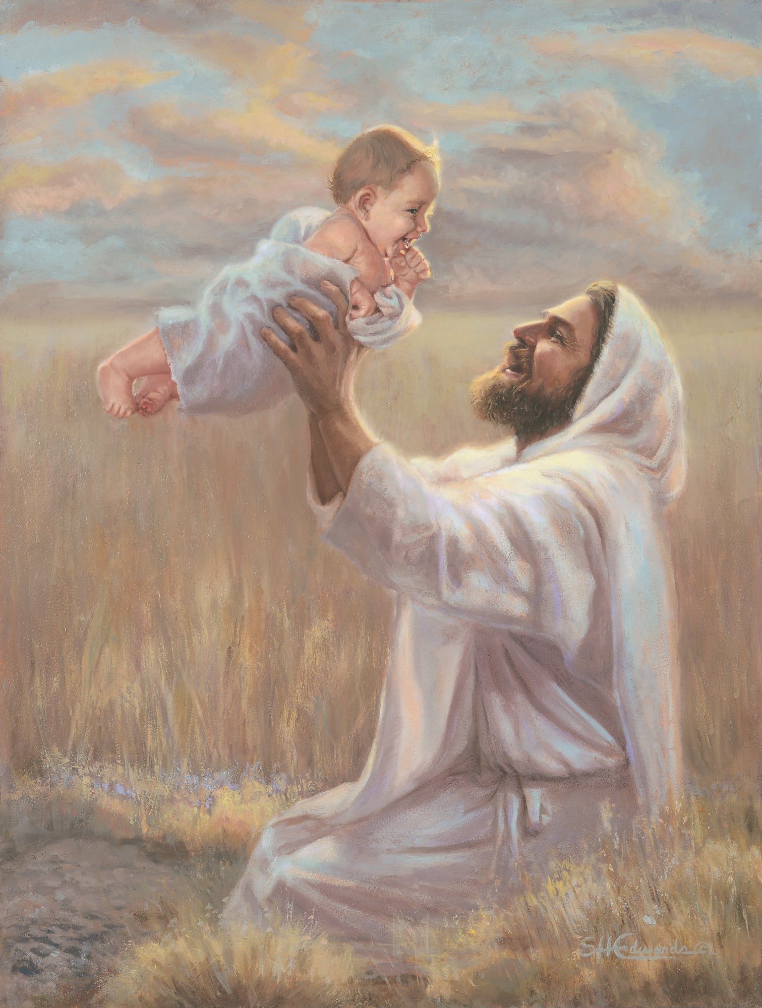 Jesus kneeling in a wheat field holding up a baby. 
