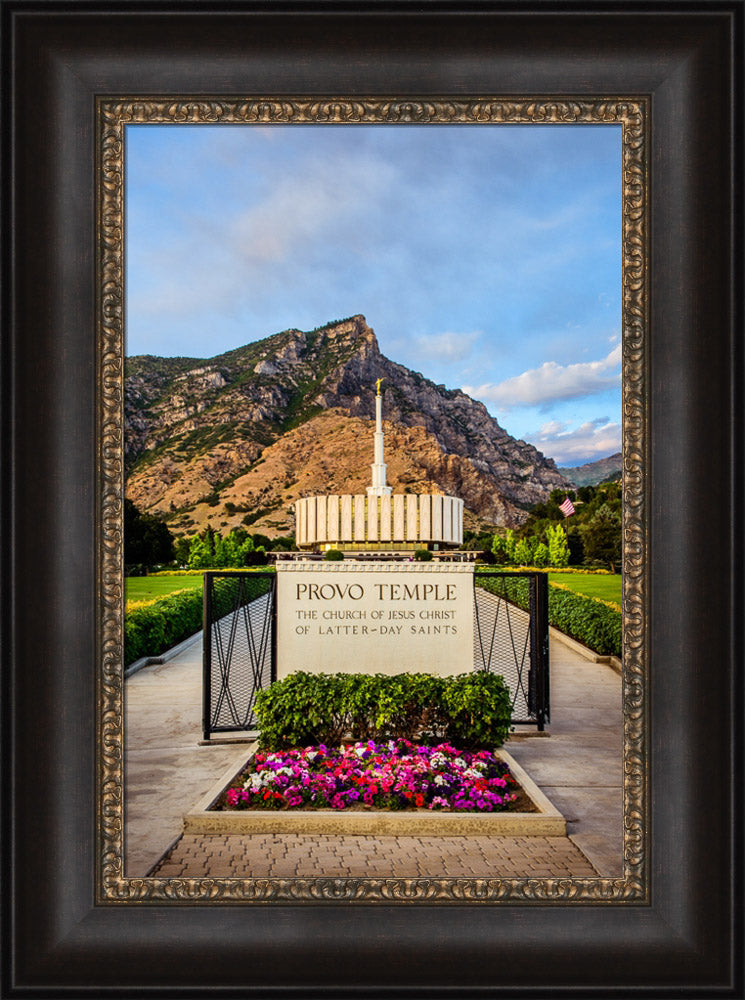 Provo Temple - Sign with Flowers by Scott Jarvie