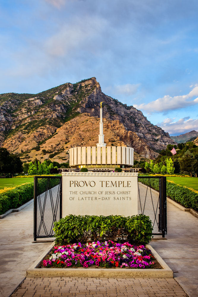 Provo Temple - Sign with Flowers by Scott Jarvie