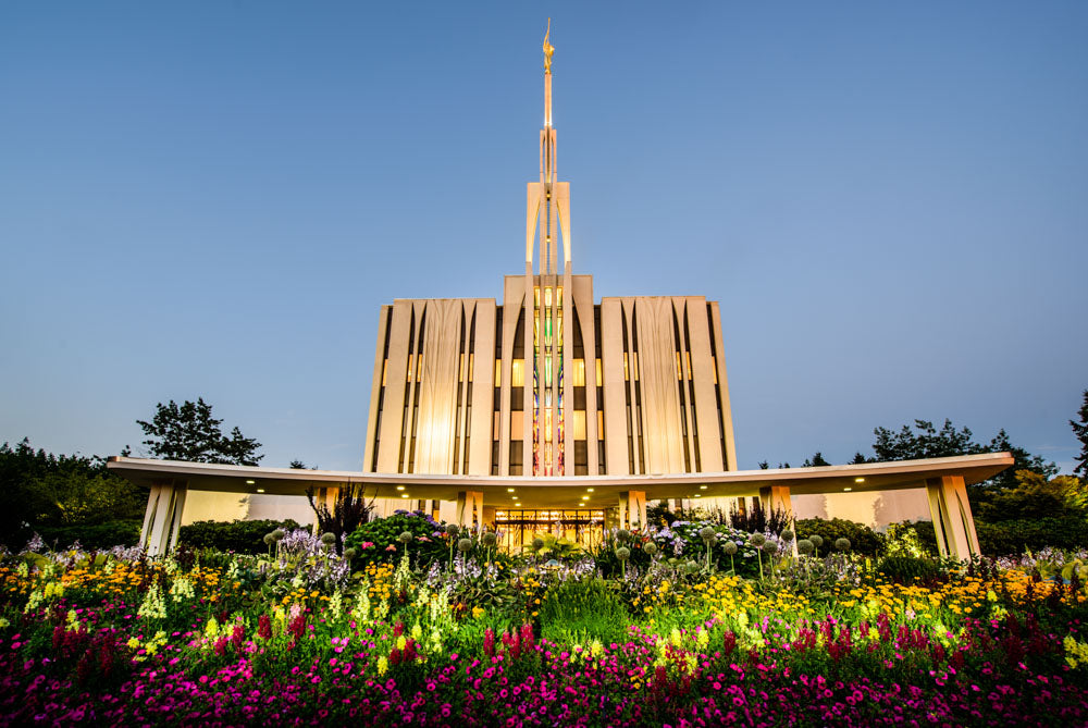 Seattle Temple - Sunset with Flowers by Scott Jarvie