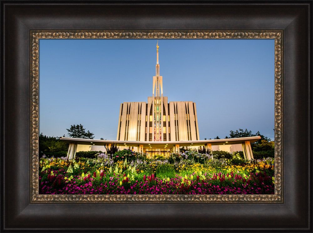 Seattle Temple - Sunset with Flowers by Scott Jarvie