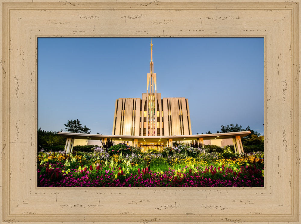 Seattle Temple - Sunset with Flowers by Scott Jarvie