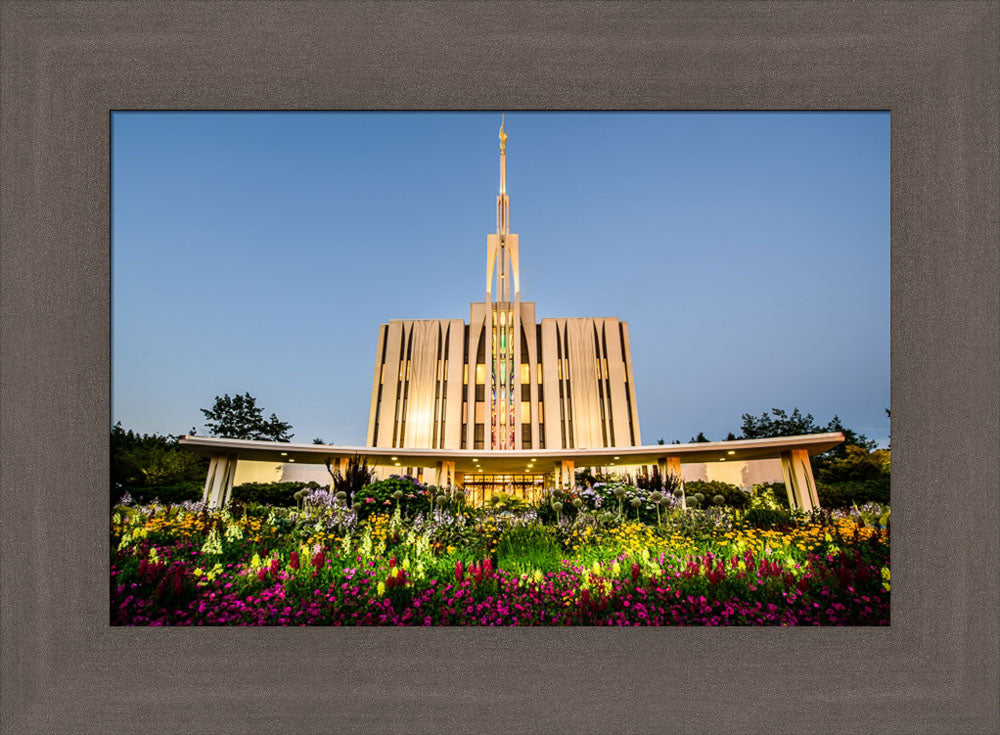 Seattle Temple - Sunset with Flowers by Scott Jarvie