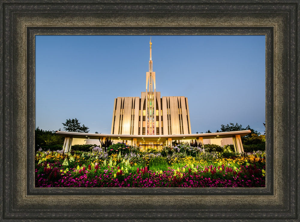 Seattle Temple - Sunset with Flowers by Scott Jarvie